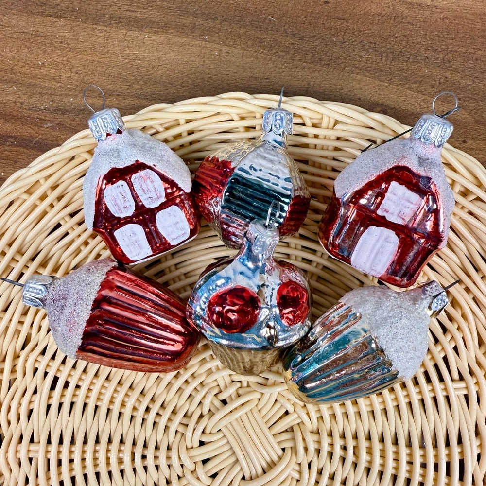 Retro Christmas Ornaments Lot of 6 Molded Plastic Snowy House Metallic Reflector